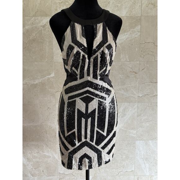 Vintage Y2K Bebe Geo Sequin Cutout Mini Dress - Small Black Cream Party Clubwear - Picture 1 of 7